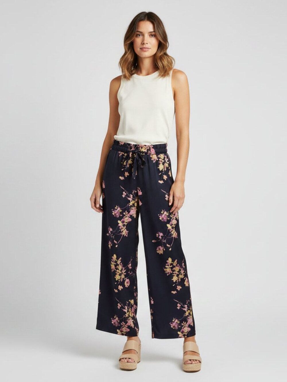 Vince Camuto Navy Wide-Leg Floral Pants